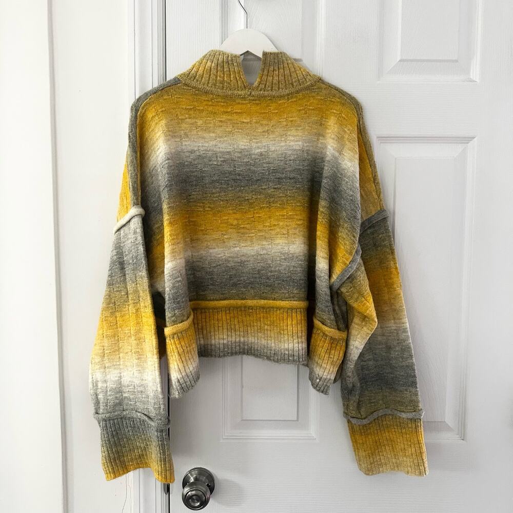 Pilcro Anthropologie Yellow Grey Ombre Striped Cropped Mock Neck Sweater XL - Picture 12 of 15